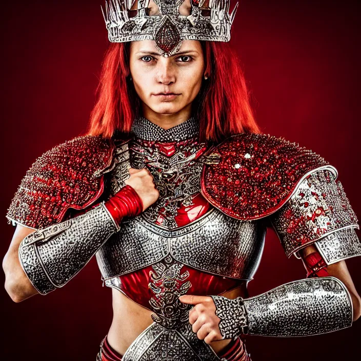 Prompt: full body portrait photo of a beautiful strong warrior queen wearing ruby encrusted armour, highly detailed, 4 k, hdr, smooth, sharp focus, high resolution, award - winning photo
