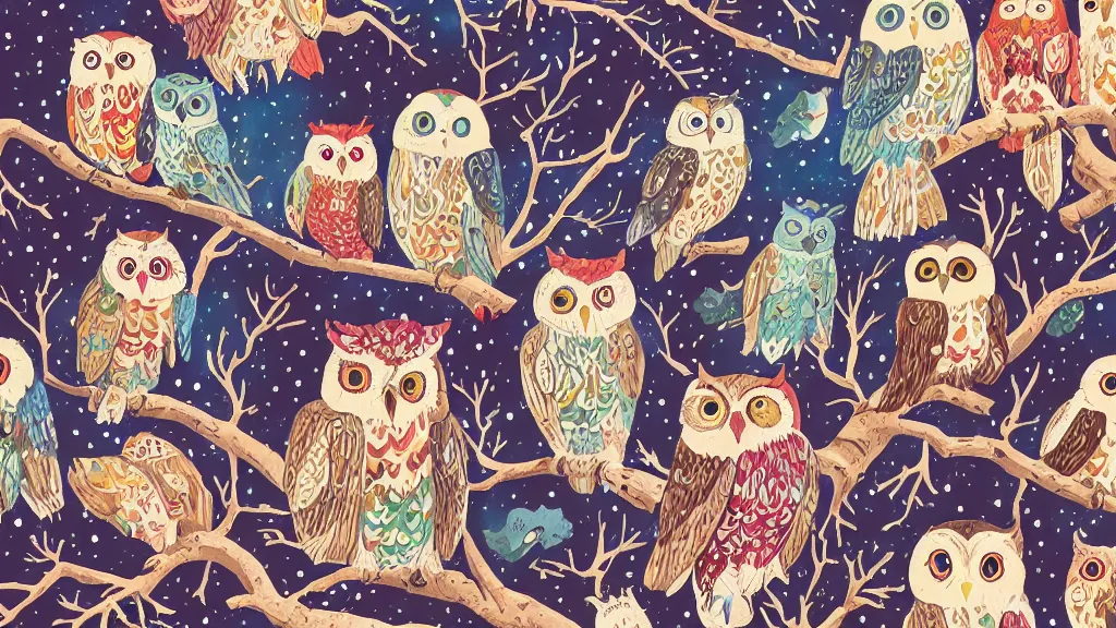 Prompt: very detailed, ilya kuvshinov, mcbess, rutkowski, watercolor quilt illustration of owls flying at night, colorful, leaves on branches, deep shadows, astrophotography, highly detailed, wide shot