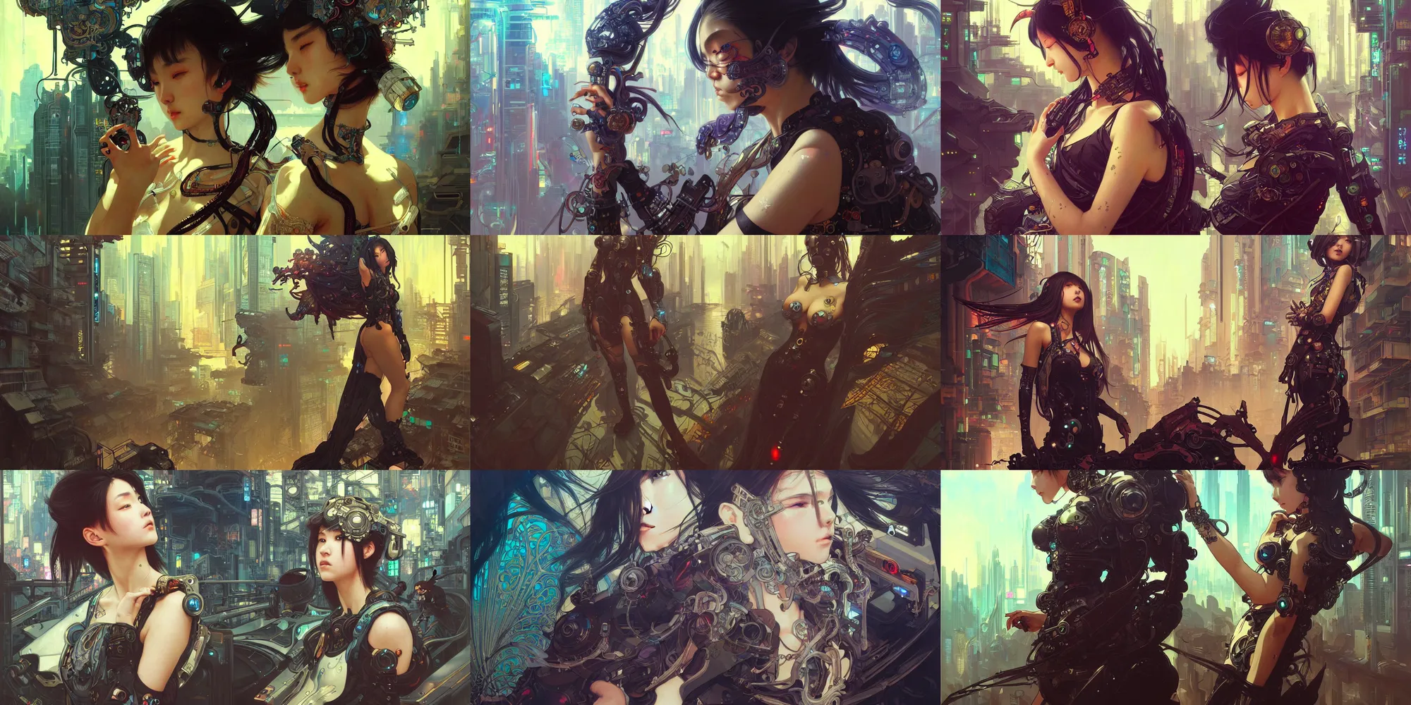 Prompt: ultra realistic beautiful cyberpunk kowloon techno art, beautiful alluring anime teen, sci - fi, fantasy, intricate, elegant, highly detailed, digital painting, artstation, concept art, smooth, sharp focus, illustration, art by artgerm and alphonse mucha and tian zi and peter mohrbacher