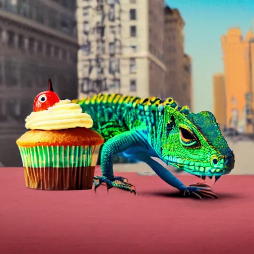 Image similar to a lizard eating a cupcake in new york city, sunny day, american dream, hyper realistic