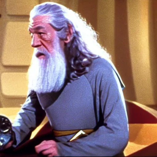 Prompt: A still of Gandalf as Captain Kirk on Star Trek