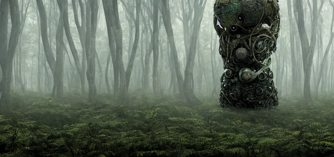 Image similar to a complex organic fractal 3 d metallic symbiotic ceramic humanoid megastructure creature in a swampy lush forest, foggy, cinematic shot, photo still from movie by denis villeneuve