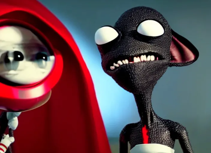 Image similar to film still of real life nibbler, a small black alien with a single antenna on his head, large eyes and 2 fangs wearing a diaper and red cape in the new scifi movie, 4 k