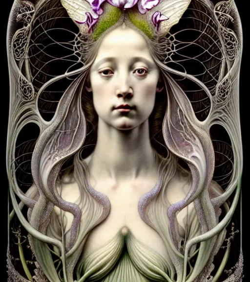 Image similar to beautiful young orchid fairy detailed realistic porcelain face portrait by jean delville, gustave dore, iris van herpen and marco mazzoni, art forms of nature by ernst haeckel, art nouveau, symbolist, visionary, gothic, neo - gothic, pre - raphaelite, fractal lace, intricate alien botanical biodiversity, surreality, hyperdetailed ultrasharp octane render