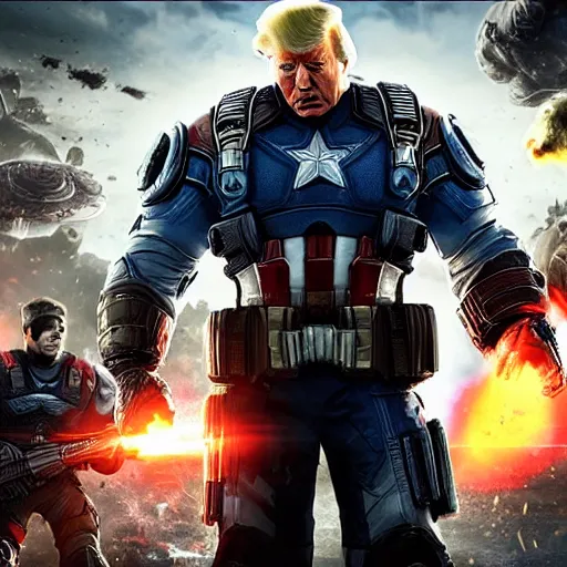 Image similar to Portrait! of President Donald Trump as ((captain america)) in Gears of War, splash art, movie still, cinematic lighting, dramatic, octane render, long lens, shallow depth of field, bokeh, anamorphic lens flare, 8k, hyper detailed, 35mm film grain