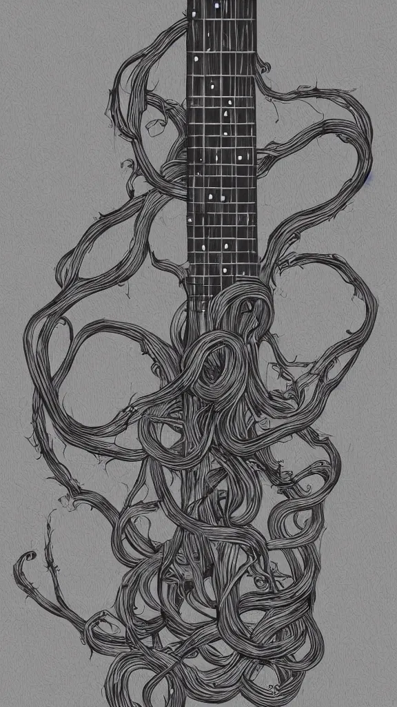 Prompt: a ukulele with long thick vines wrapping around it, fantasy art, art station, grey background,