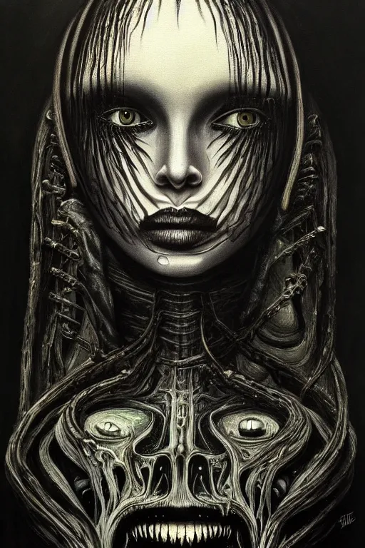 Image similar to a painting of a person's face with a black background, an ultrafine detailed painting by h. r. giger, trending on deviantart, metaphysical painting, lovecraftian, cosmic horror, detailed painting