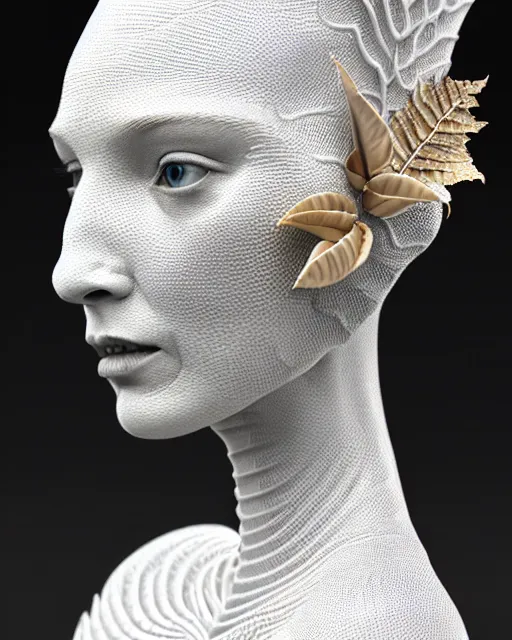 Prompt: close - up profile face, complex 3 d render of a beautiful porcelain vegetal dragon cyborg young female, 1 5 0 mm, beautiful natural soft rim light, silver gold details, magnolia leaves and stems, roots, fine lace, mandelbot fractal, elegant, ultra detailed, white metallic armour, octane render, black and white, h. r. giger style
