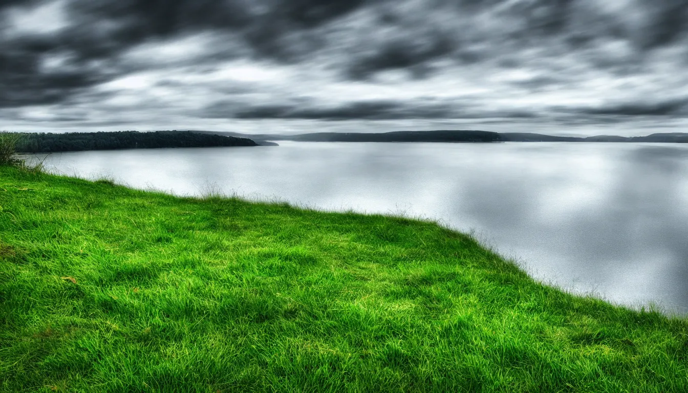 Prompt: wavy lakeshore view from grassy hill, cloud reflections, trees, nature, atmospheric, scary, claustrophobic, ambient vibe, very detailed, high resolution, 8 k