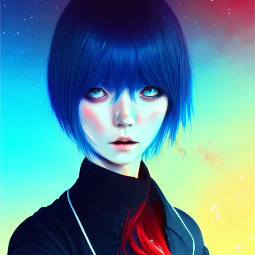 Image similar to red water swirling around rimuru tempest crying, enveloped in ghosts, sky blue straight hair, bangs, with amber eyes, black jacket, high collar, ultra fine detaile, dark theme, digital painting, psychedelic, cinematic, wlop, pixiv, ilya kuvshinov, ross tran