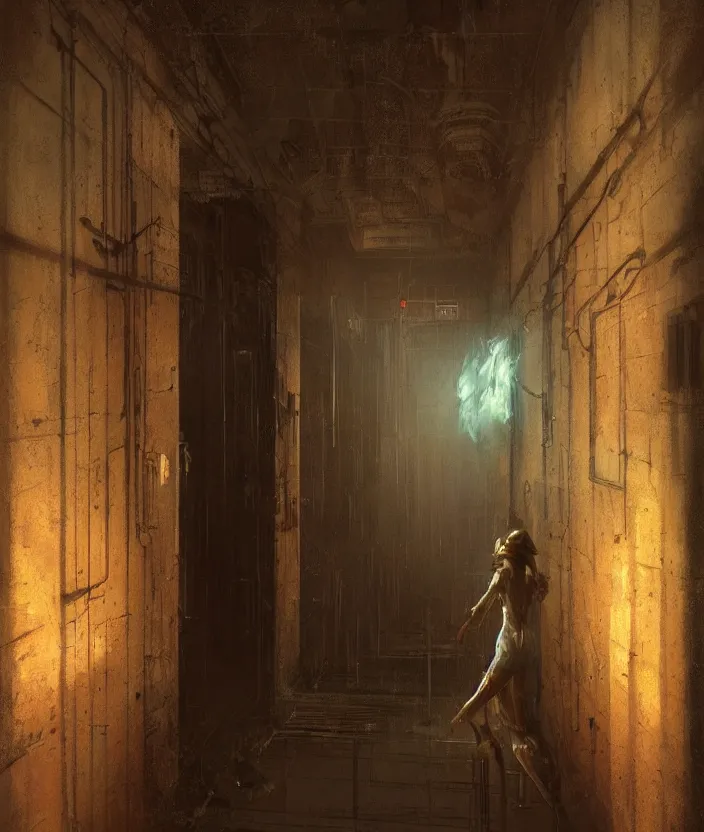 Image similar to a highly detailed epic cinematic concept art cg render digital painting artwork of a dark hallway, at the end there is a mysterious door with a neonsign by greg rutkowski, in the style of francis bacon and syd mead and norman rockwell and beksinski