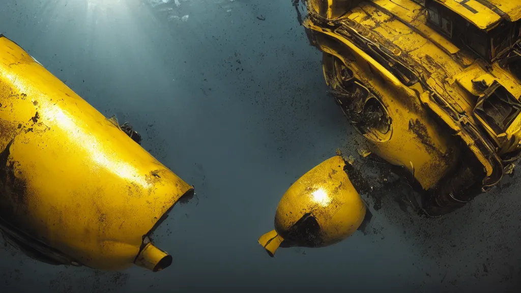 Image similar to a photorealistic dramatic hyperrealistic underwater render of an deep sea submersible, ultra realistic details, glossy yellow, well worn, rust, oil stains by vitaly bulgarov and mike nash, beautiful dramatic dark moody tones and lighting, cinematic atmosphere, global illumination, shadows, dark background, octane render, 8 k