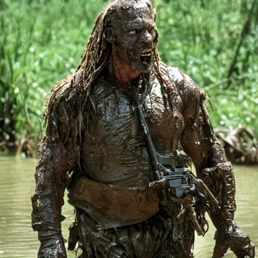 Image similar to film still of bill goldberg as major dutch, covered in mud and hiding from the predator predator predator in swamp scene in 1 9 8 7 movie predator, hd, 4 k