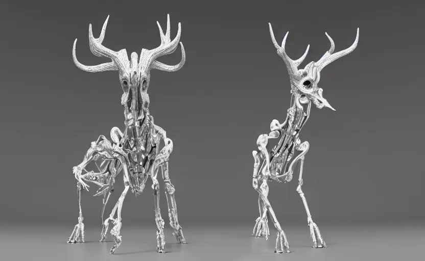 Image similar to stylized shiny polished silver statue full body extra limbs bizarre cosmic horror quadruped animal deer skull four legs made of marble of slug creature tendrils, perfect symmetrical body, perfect symmetrical face, hyper realistic, hyper detailed, by johannen voss, by michelangelo, octane render, blender, 8 k, displayed in pure white studio room