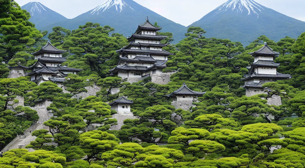 Image similar to a Japanese castle, with a garden as foreground, with mountains as background, by Studio Ghibli