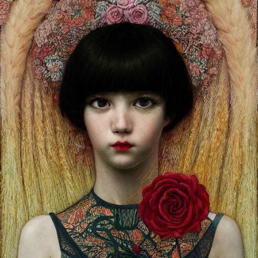 Image similar to white cat girl, botanical, rose, portrait face, colorful, frantisek kupka, intricate, miles johnston, kuroda seiki, cynical realism, ozabu, john william godward, painterly, yoshitaka amano, moebius, miles johnston, louise zhang, james jean, mark ryden lowbrow pop surrealism art style