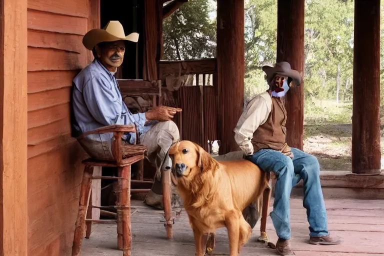 Prompt: Indian cowboy on the country western porch with his golden retriever cinematography by Steven Spielberg