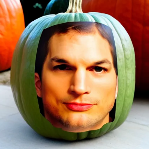 Prompt: ashton kutcher face on a squash pumpkin