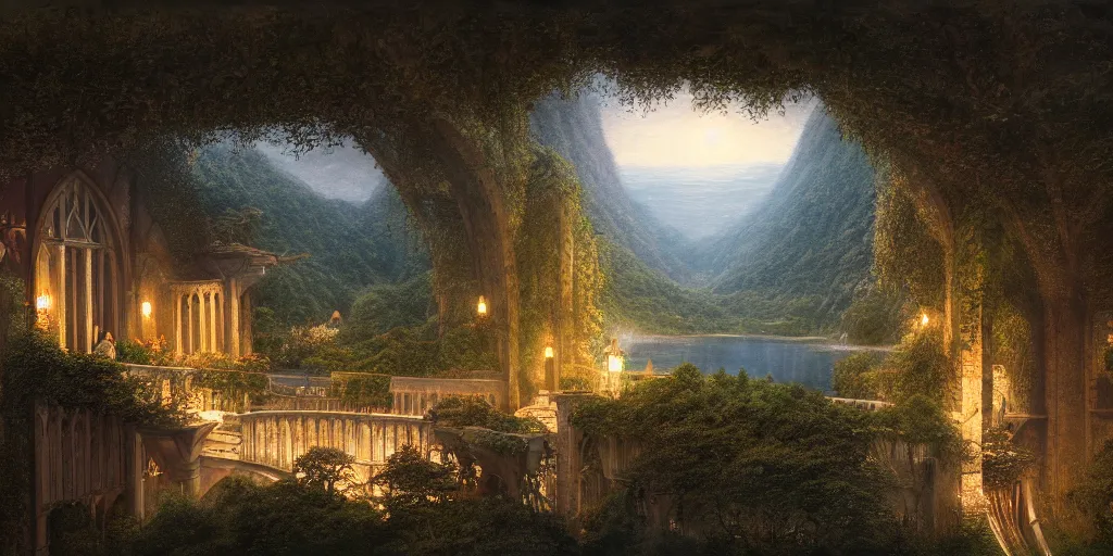 Image similar to Rivendell, looking out from the balcony, evening, detailed matte painting, cinematic, Alan Lee, Artstation