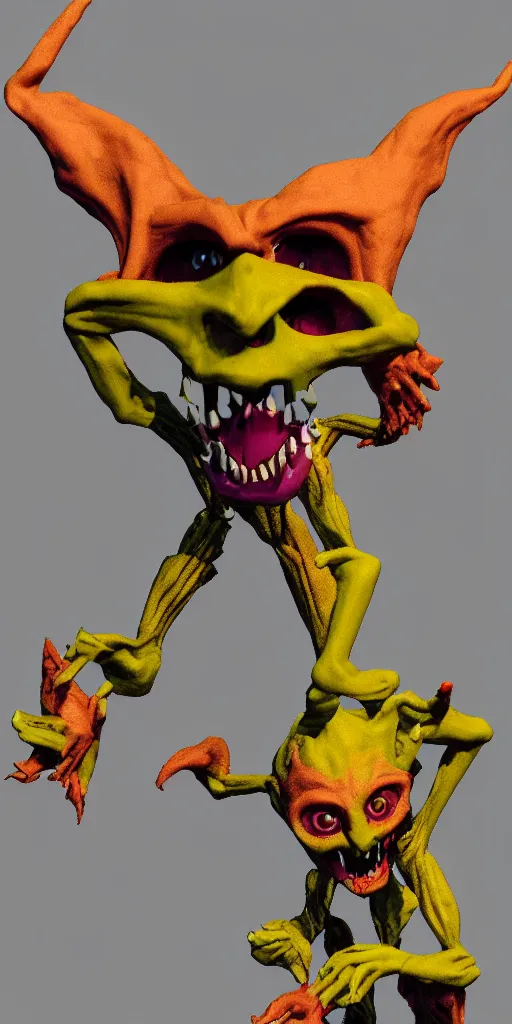 Image similar to malice yellow goblin doll in a street animation psx rendered early 90s net art n64 3d 2001