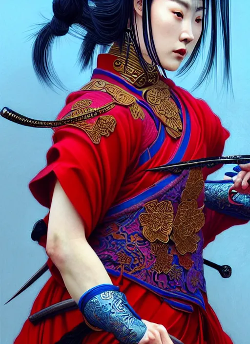 Prompt: ultra realistic illustration of a wrathful samurai warrior woman dressed in red holding a lotus flower, killing street thugs dressed in blue garb, cinematic scene, intricate, elegant, highly detailed, lotus flower, digital painting, artstation, concept art, smooth, sharp focus, illustration, art by artgerm and greg rutkowski and alphonse mucha and wlop