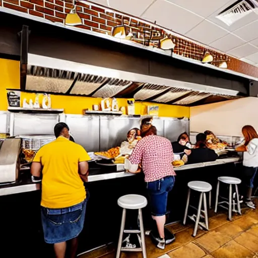 Prompt: busy wafflehouse interior with customers eating breakfast and wafflehouse employees serving food and cooking behind countertop bar that has food on