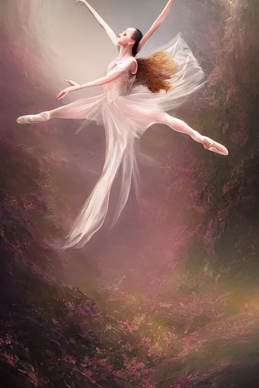 Image similar to prima ballerina, gorgeous, ethereal, intricate, elegant, volumetric lighting, nature scenery, digital painting, highly detailed, artstation, sharp focus, illustration, concept art, clive barker