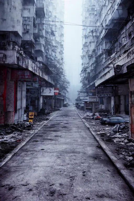 Prompt: nuclear winter, abandoned street of hong kong, near future, fantasy, sci - fi, hyper realistic, serene, morning.