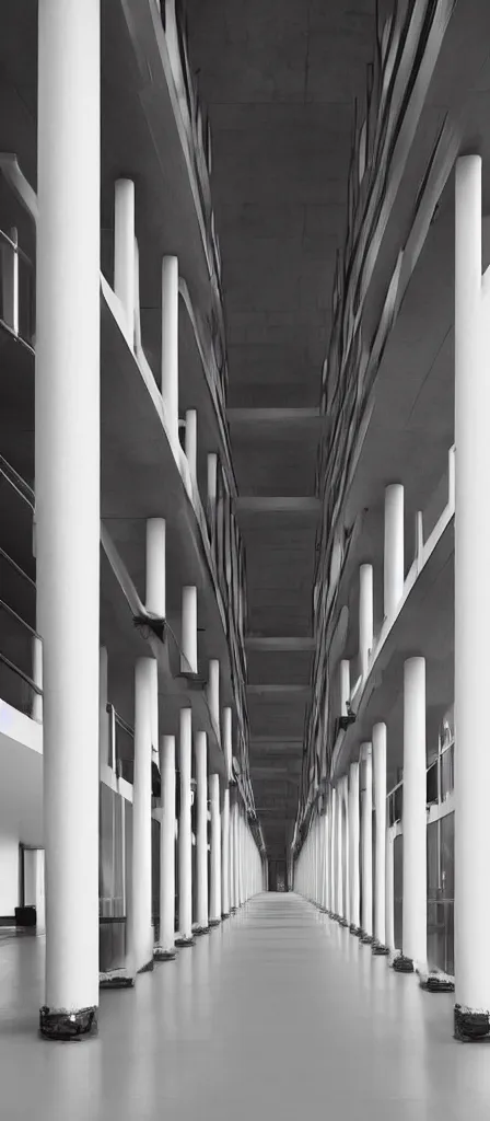 Prompt: colorful minimalist industrial interior infinity stairwell hallway with monolithic pillars in the style of ridley scott and stanley kubrick, impossible stijl architecture, lone silhouette in the distance, ultra wide angle view, cinematic, god rays, volumetric lighting, realistic detailed painting by edward hopper