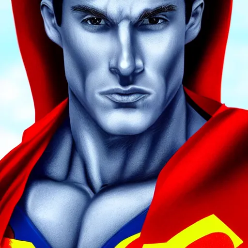 Image similar to hyper realistic portrait of superman with blonde two sides hair and thin face lines, his cape is the american flag