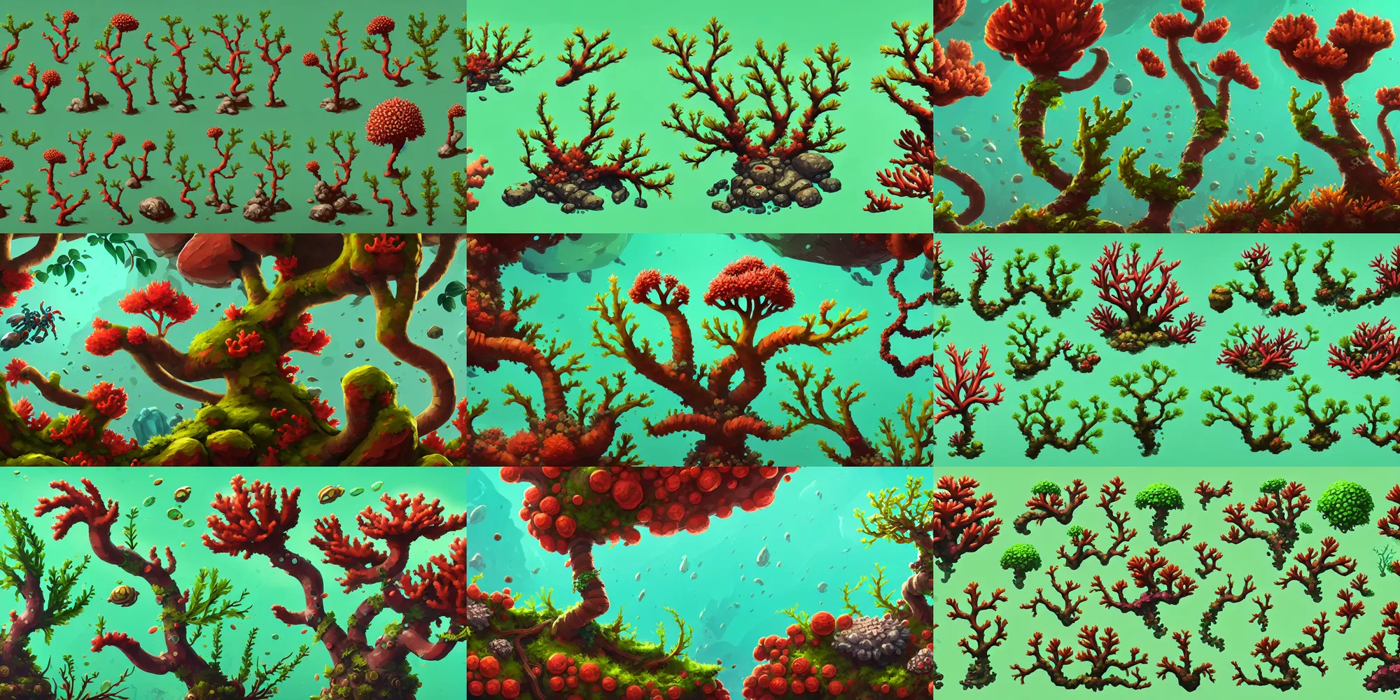 Prompt: game asset of plant and tree, in gouache detailed paintings, props, stylized, 2 d sprites, kitbash, under water coral nature, organic, ivy, arcane, prop rocks, overwatch, green, red and brown color scheme, 8 k, close up