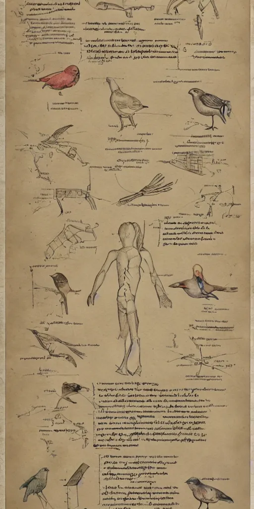 Image similar to anatomy of a bird, diagrams, map, marginalia, sketchbook, old script, inhabited initials, pastel infographic by Wes Anderson