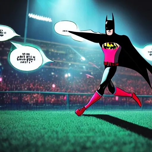 Image similar to batman playing soccer in a crowded space stadium with neon lighting hyperrealistic