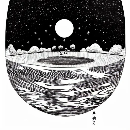 Image similar to a highly detailed ink drawing illustration of the full moon over a magical pond, soft curves, winner on behance, trending on artstation