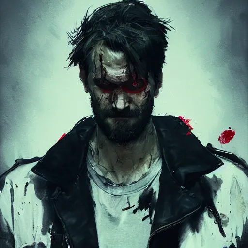 Prompt: portrait of pewdiepie with an angry expression, blood covering his face, wearing a leather jacket, dramatic lighting, illustration by Greg rutkowski, yoji shinkawa, 4k, digital art, concept art, trending on artstation