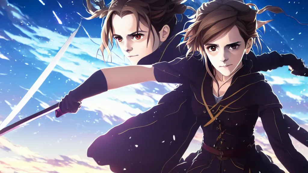 Image similar to a very detailed key visual of emma watson, demon slayer, ufotable, high quality, artgerm, action, on a street, night, fate stay night, unlimited blade works, greg rutkowski, high resolution, dynamic pose, landscape, medium portrait, samurai outfit, action, hyper realistic, anime, koyoharu gotouge, sakuga