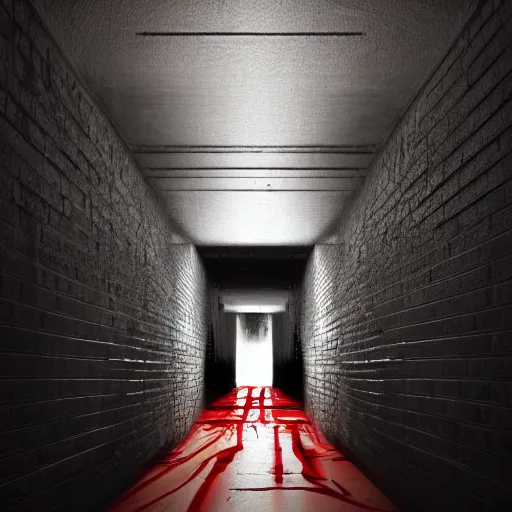 Image similar to photograph of an extremely dark narrow hallway with glowing humanoid monster made out of tv static, dark deep black shadows, red and black color contrast in the style of trevor henderson, liminal space, 3 d octane render, glitch effect