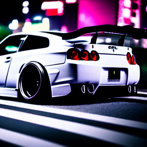 Image similar to a car GTR twin turbo drift at illegal car meet, Shibuya prefecture, city midnight mist lights, cinematic lighting, photorealistic, highly detailed wheels, high detail