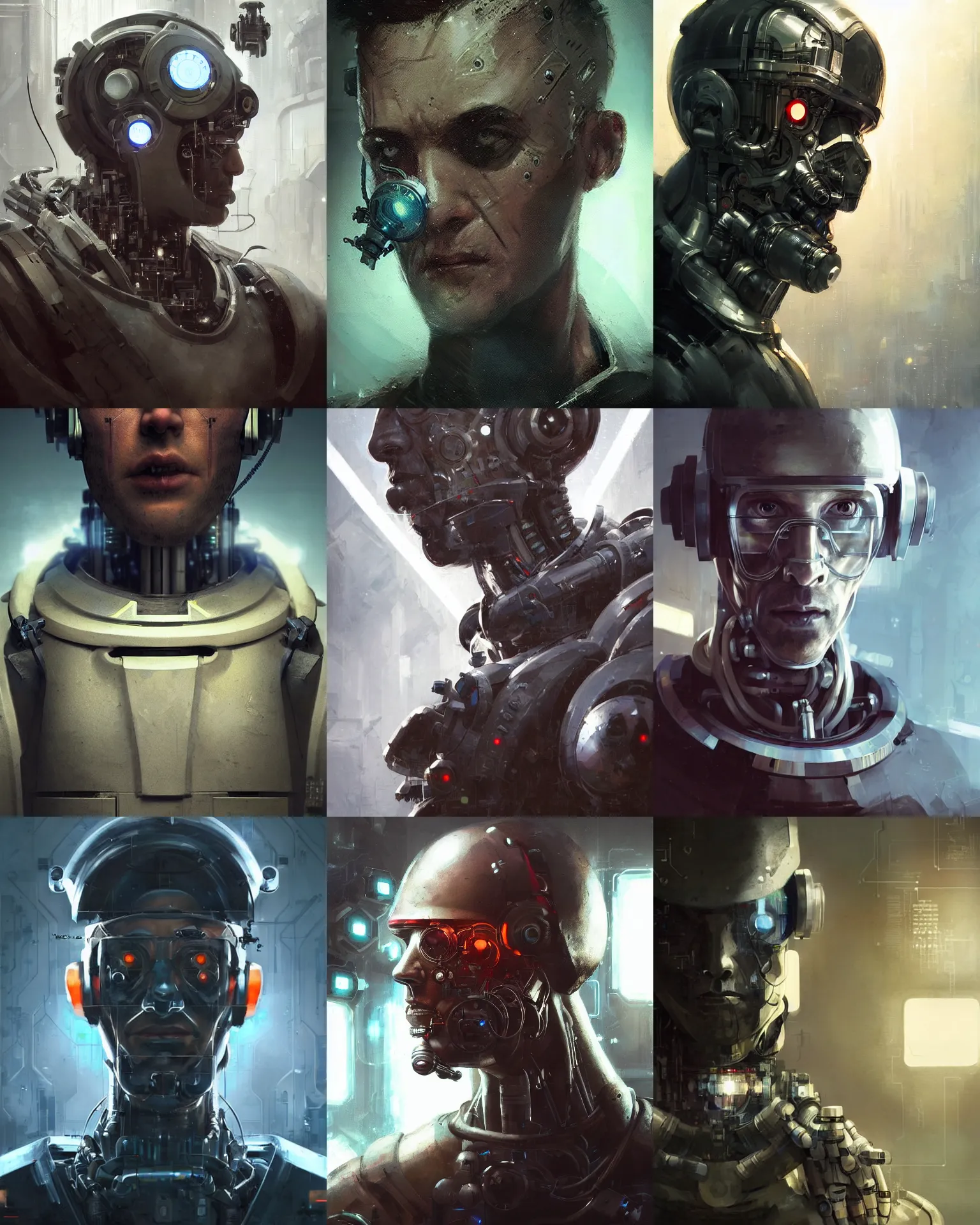 Image similar to a laboratory technician man with cybernetic enhancements seen from a distance, scifi character portrait by greg rutkowski, craig mullins, 1 / 4 headshot, cinematic lighting, dystopian scifi outfit, profile picture, mechanical, cyborg, half robot