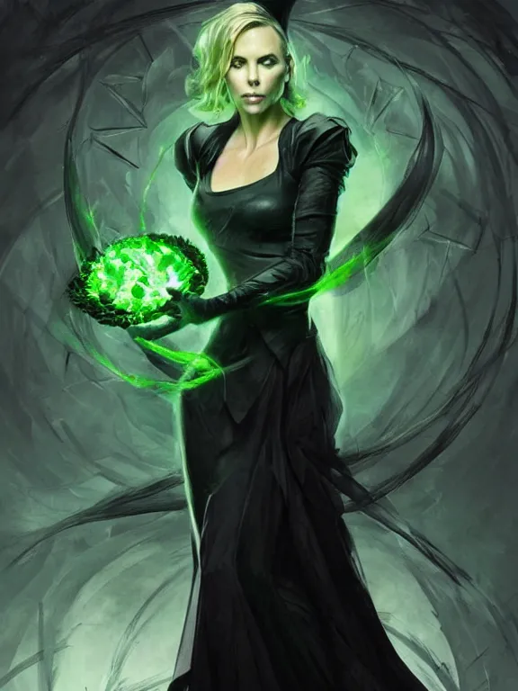 Image similar to Charlize Theron as an evil witch in a black dress casting a green spell, green lighting, time warping, D&D, fantasy, highly detailed, digital painting, trending on artstation, concept art, sharp focus, illustration, art by artgerm and greg rutkowski and magali villeneuve