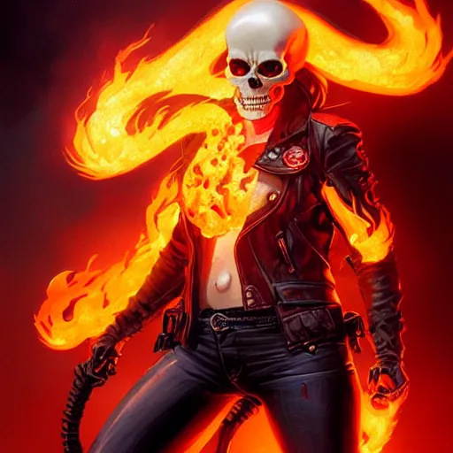 Image similar to female ghost rider, flaming skull, art by greg rutkowski and wlop and raymond swanland and ross tran,