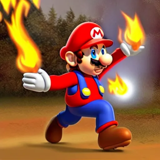 Prompt: Hyper realistic caveman Mario discovers fire