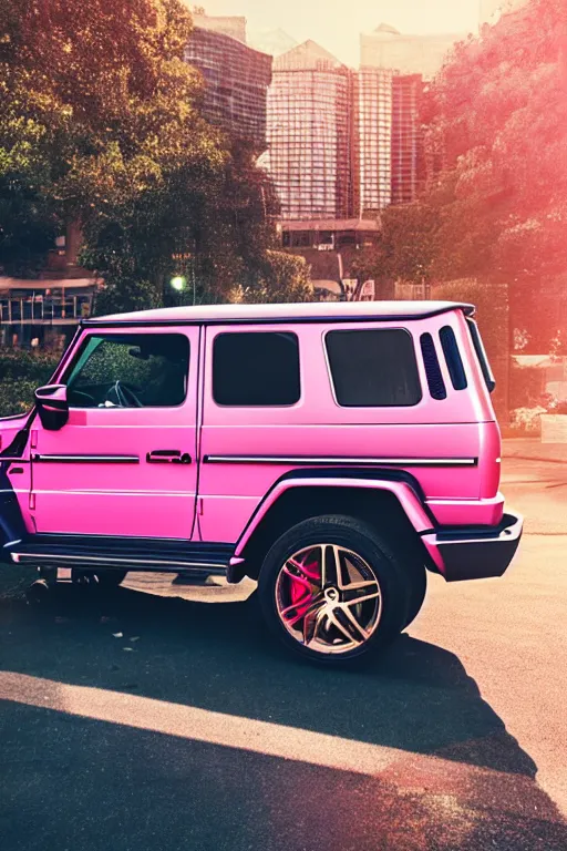 Prompt: Photo of a pink Mercedes-Benz G63 and Lamborghini Aventador, wide shot, poster, photo print, golden hour, daylight, vibrant, volumetric lighting, award winning