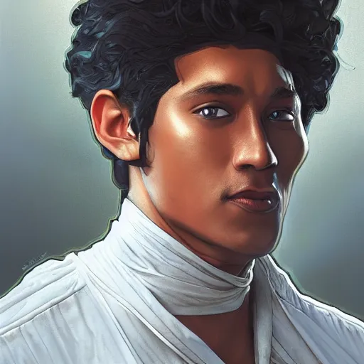 Image similar to modern tanned Bill Cosby, blue eyes, wavy black hair, white veil, highly detailed, digital painting, artstation, concept art, smooth, sharp focus, illustration, ArtStation, art by artgerm and greg rutkowski and alphonse mucha and J. C. Leyendecker and Edmund Blair Leighton and Katsuhiro Otomo and Geof Darrow and Phil hale and Ashley wood and Ilya repin and Charlie Bowater