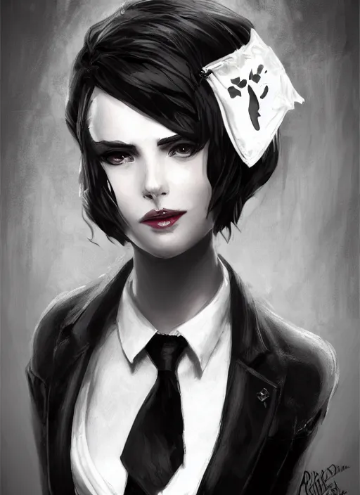 Image similar to a highly detailed illustration of beautiful short black messy haired woman wearing eyepatch and noir style suit and tie, dramatic smiling pose, intricate, elegant, highly detailed, centered, digital painting, artstation, concept art, smooth, sharp focus, league of legends concept art, WLOP