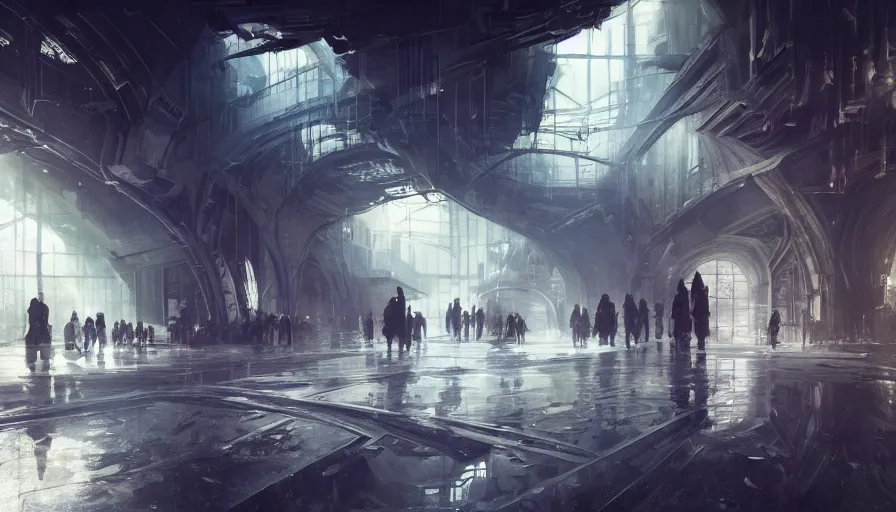 Image similar to lodon metro in year 3 0 2 2 interior, light, shadows, reflections, epic composition, intricate, elegant, volumetric lighting, digital painting, highly detailed, artstation, sharp focus, illustration, concept art, ruan jia, steve mccurry