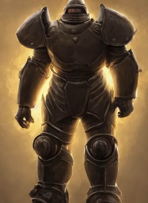 Prompt: medium-length portrait of a male paladin with short curly hair and a salt-and-pepper beard, dark brown skin, happy expression, wears a suit of power armor, magitech!, powered by an arcane core!, medieval setting, highly detailed, digital painting, (artstation), concept art, sharp focus, illustration, art by greg rutkowski and alphonse mucha