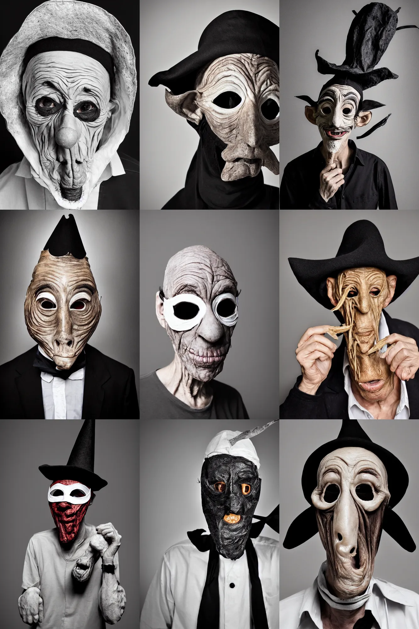 Prompt: portrait photo of an old wrinkled man, skinny face, bony face, long nose, crooked nose, large full mouth, black pulcinella masquerade mask, pointy conical hat, white wrinkled shirt, presenting pizza, black background, close - up, skin blemishes, menacing, intimidating, photo by letizia battaglia