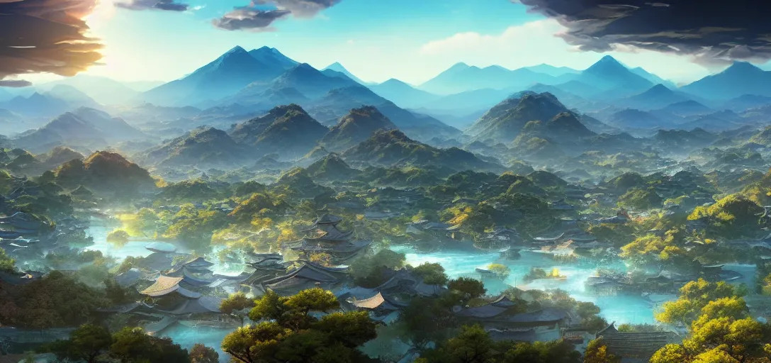 Image similar to epic view of beautiful ancient japanese city, clear blue skies, winding rivers, there are mountains and hills in the far background distance, unreal engine, dramatic lighting, detailed, ambient occlusion, global illumination, god rays, 3 d artstation render by greg rutowski and jessica rossier