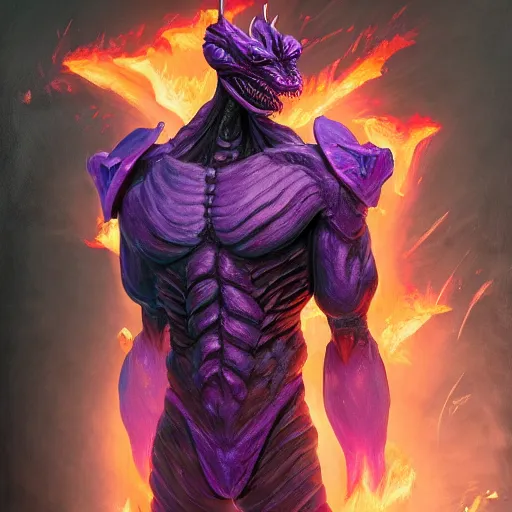 Image similar to Character design body made of purple fire, body with black and purple lava, Lizardman Art, muscular male body, mecha humanoid with cyberpunk bomber jacket, concept art character, royalty, smooth, sharp focus, organic, deep shadowsby Jerad Marantz, hyperrealistic oil painting, 4k, studio lightning